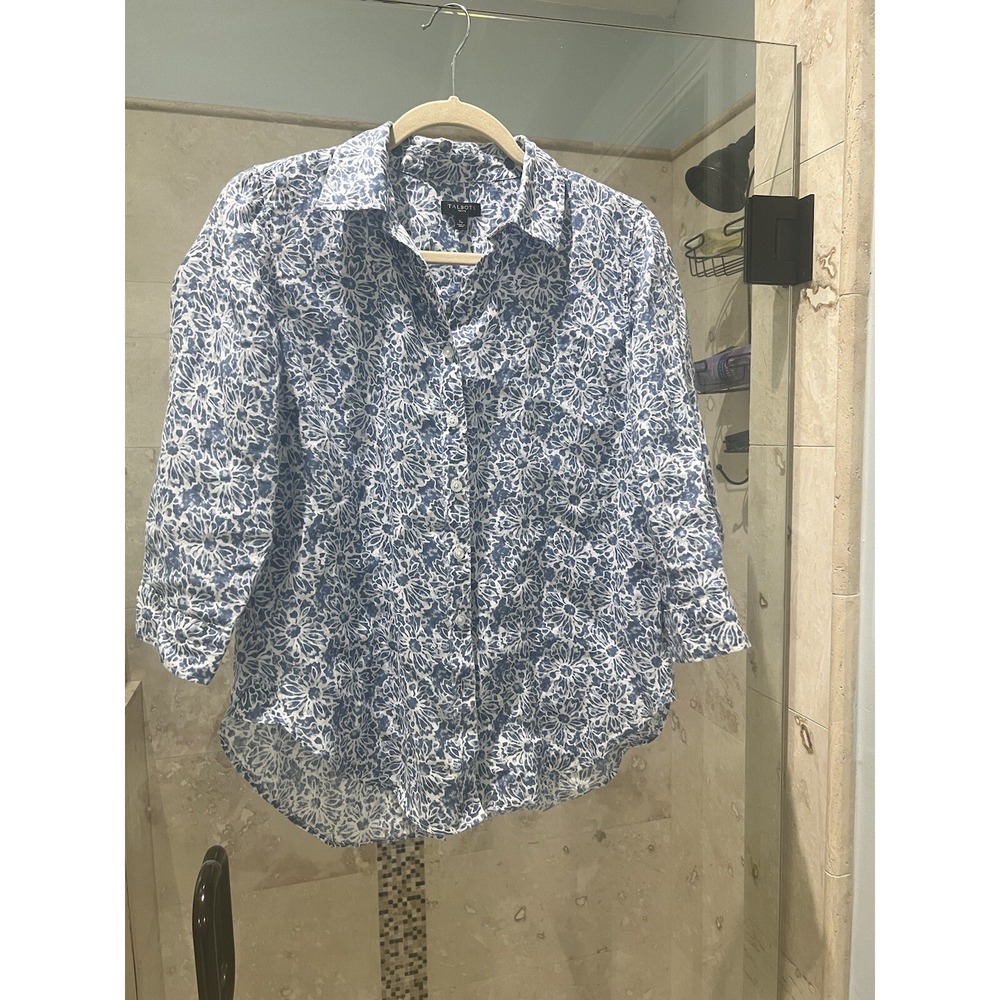 Talbots Petite Blue White Floral 100% Linen Button-Up Blouse Top SP 3/4 Sleeve